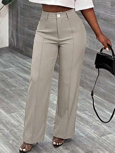 Pantalones rectos de unicolor, con botones, bolsillos con cremallera, de tela beige, para uso casual, oficina, viajes diarios y uso cotidiano, para mujer, primavera/verano