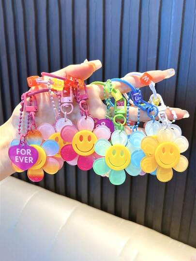 1pc Acrylic Flower Keychain, Creative Colorful Sunflower Keychain Pendant With Pearl Chain, Heart-Shaped Rainbow Decor Suitable For Bags, Phones, Car Keys, Birthday, Valentine's Day, Wedding, Holiday, Party, Memorial Gift, Friend Gift