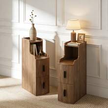 Fluted Narrow Nightstand With 2 Drawers For Bedroom,Walnut,Set Of 2 - 棕色2 - 查看 1