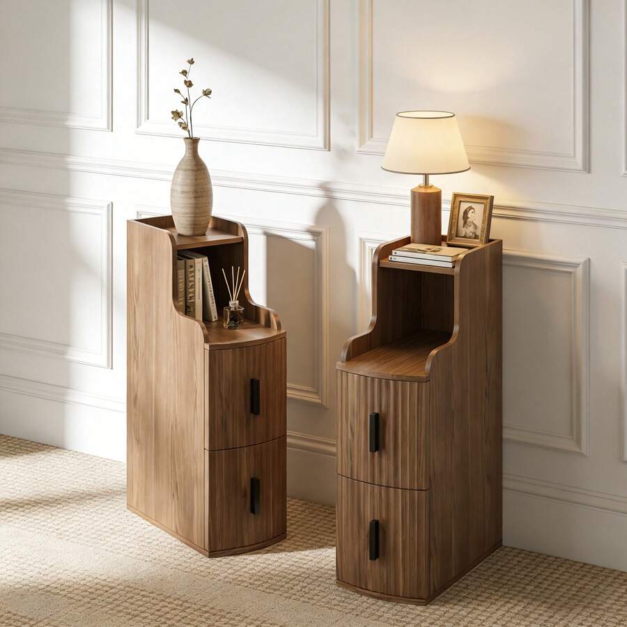 Fluted Narrow Nightstand With 2 Drawers For Bedroom,Walnut,Set Of 2 - 棕色2 - 查看 1