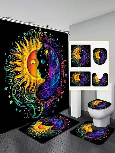 四件套神秘日月浴帘套装，包含12个挂钩，黑色背景彩色日月图案浴室帘，防水防霉加厚浴帘+防滑垫+U型马桶垫+马桶盖套，异域星空浴室四件套，家居酒店浴室装饰