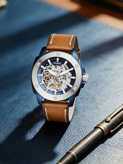  Fossil Men's Automatic Mechanical Leather Three-Hand Watch Stainless Steel Case/Scratch Resistant Glass ME3082/ME3083/ME3134/ME3135