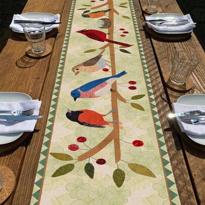 Khăn trải bàn in hình chim và cây cổ điển, kích thước 13x72 inch, khăn trải bàn họa tiết hoa anh đào kiểu trang trại mộc mạc cho nhà bếp, phòng ăn, tiệc tùng và trang trí nhà cửa.