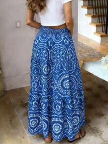 女士舒适弹力腰带多层褶裥轻盈A字裙，春秋季 - 藍色 - 查看 2