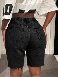 Plus Size Distressed Frayed Hem High Waist Washed Denim Shorts, Stretchy Fabric, Casual Summer Chic Retro All-Match Style - Dark Gray - View 7