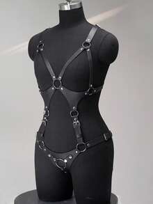 Body Chain, Sleek Leather, Hollow Out, Crotch Decor, One Size Inclusive, Edgy Style, Dark Streetwear, Rave, Festival, Club Outfit - Black - View 3