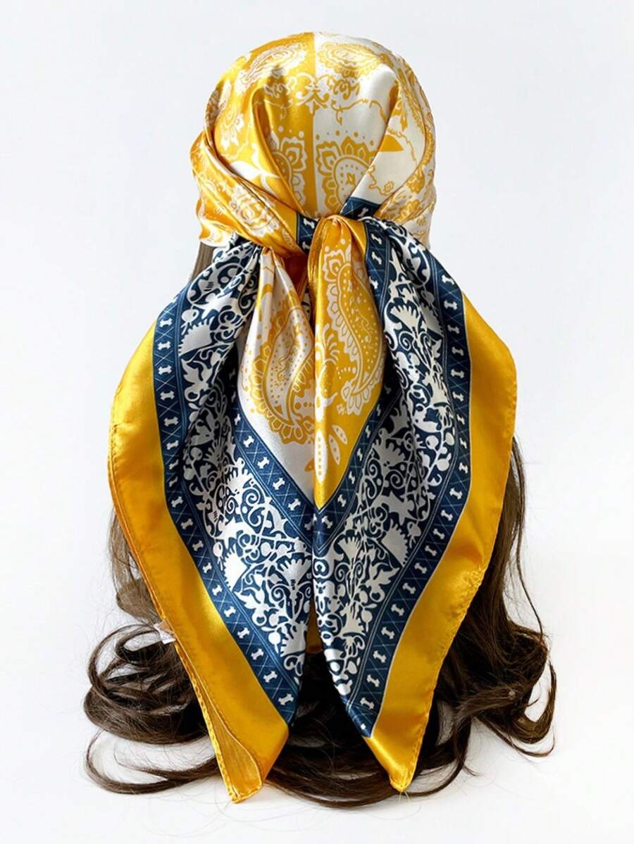 1 chiếc khăn vuông in họa tiết Paisley vàng trắng dành cho nữ, kích thước lớn 90cm, chất liệu satin mềm mại, có thể dùng làm băng đô hoặc khăn trùm đầu, phù hợp với váy. - Màu vàng - Xem 1