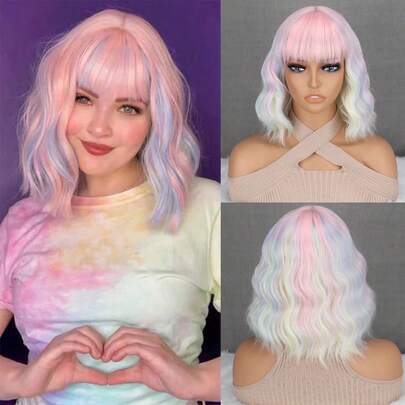 黑白半假发，带刘海，短款波浪卷波波头，耐热纤维，适合角色扮演、日常佩戴和派对穿着