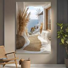 Cuadro en lienzo sin marco, 2D plano, 1 pieza, con un diseño 2D plano de una molinera costera, perfecto para decorar paredes. Esta escena de molinera de playa es un impresionante lienzo para la estética de la playa. - Enmarcado - Ver 5