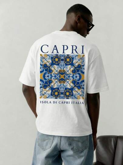 Voidago Men's Floral & Letter Retro Print Short Sleeve T-Shirt, Comfortable Breathable Fabric, Summer Wear