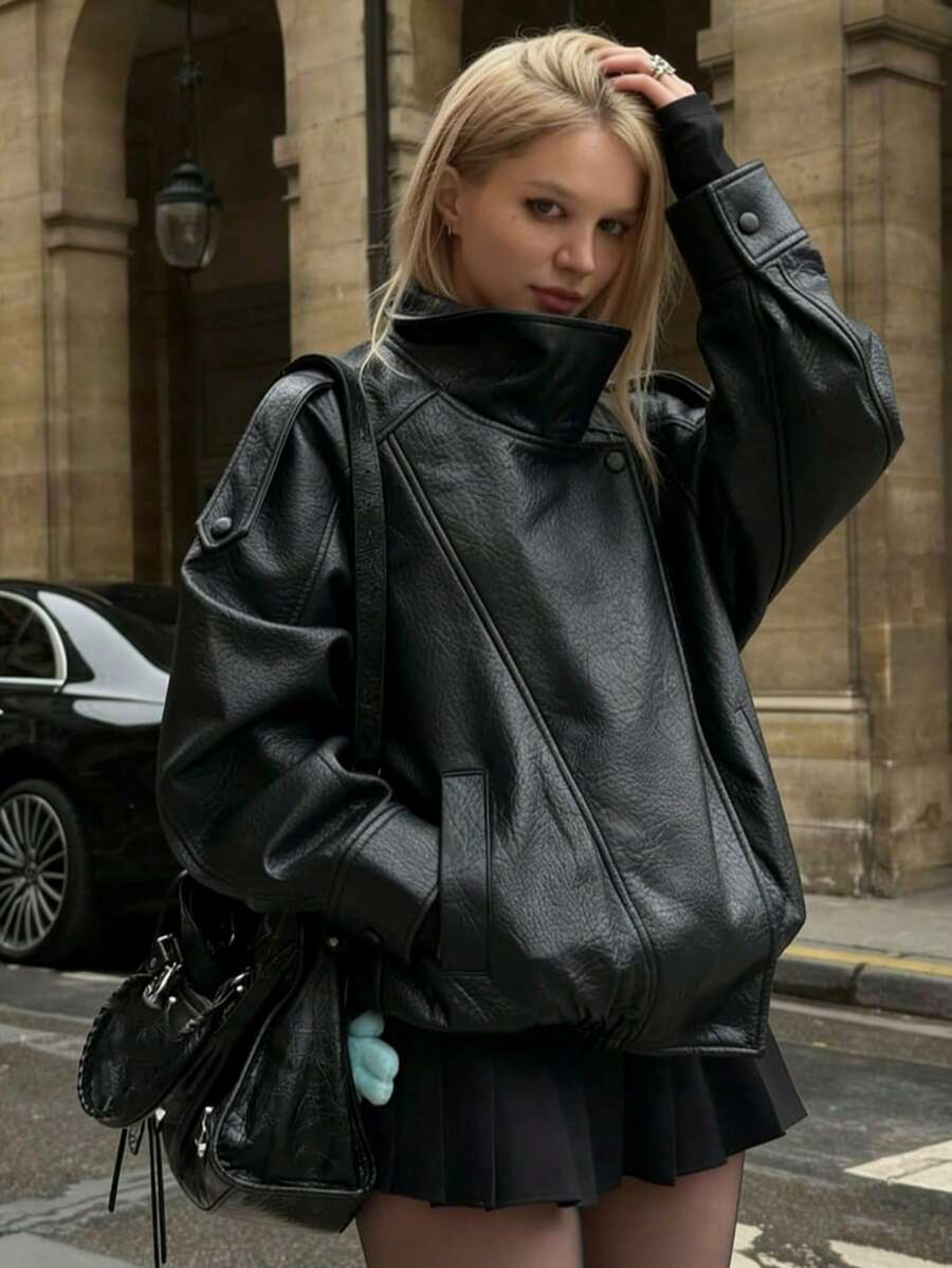2026 Autumn/Winter Women's Oversized Black Textured Faux Leather Jacket, Stand Collar Long Sleeve Zipper Motorcycle Outerwear, Daily Commute Wear