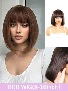 150% Density Brown Short Bangs Bobo Wig With Bangs, Real Human Hair Wig, Convenient For Women To Wear Daily Without Glue - S4 - View 2