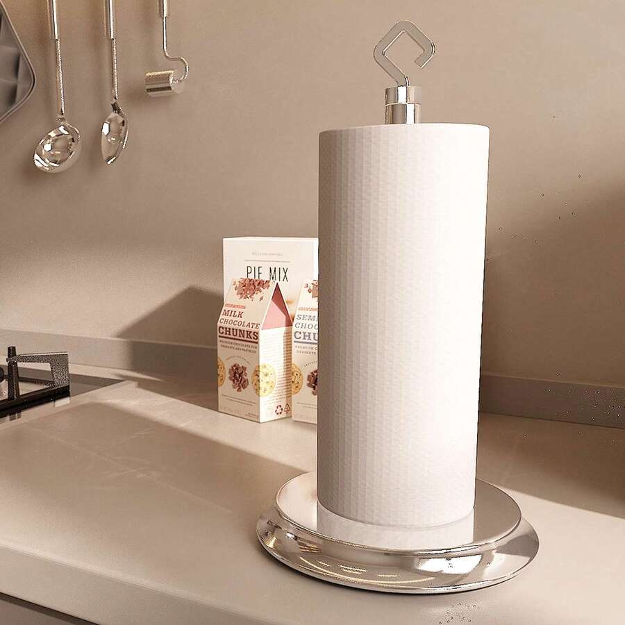 1pc Silver Metal Kitchen Paper Towel Holder, Countertop Paper Towel Dispenser With Weighted Base, Electroplated Finish, Easy Tear Hook Design, Non-Slip Bottom, Freestanding Kitchen Roll Organizer, Modern Kitchen Storage Accessory - Bright Silver - View 1