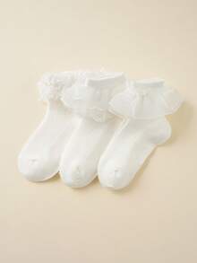 3 双白色可爱婴儿/幼儿蕾丝荷叶边袜子，男女通用 - 白色 - 查看 8