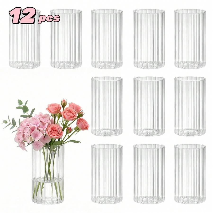 Tomnk 12/24/36 Pcs Clear Ribbed Glass Cylinder Vases & Hurricane Candle Holders - 2 In 1 Tall Glass Vases For Mother's Day, Centerpieces Wedding Party Table Decor, Bulk Flower Bud Vases For Floral Arrangements Shelf Display - 羅紋 - 查看 1