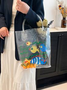 Bolsa de playa de gran capacidad con estampado de estilo oceánico transparente, ideal para vacaciones - transparente - Ver 5