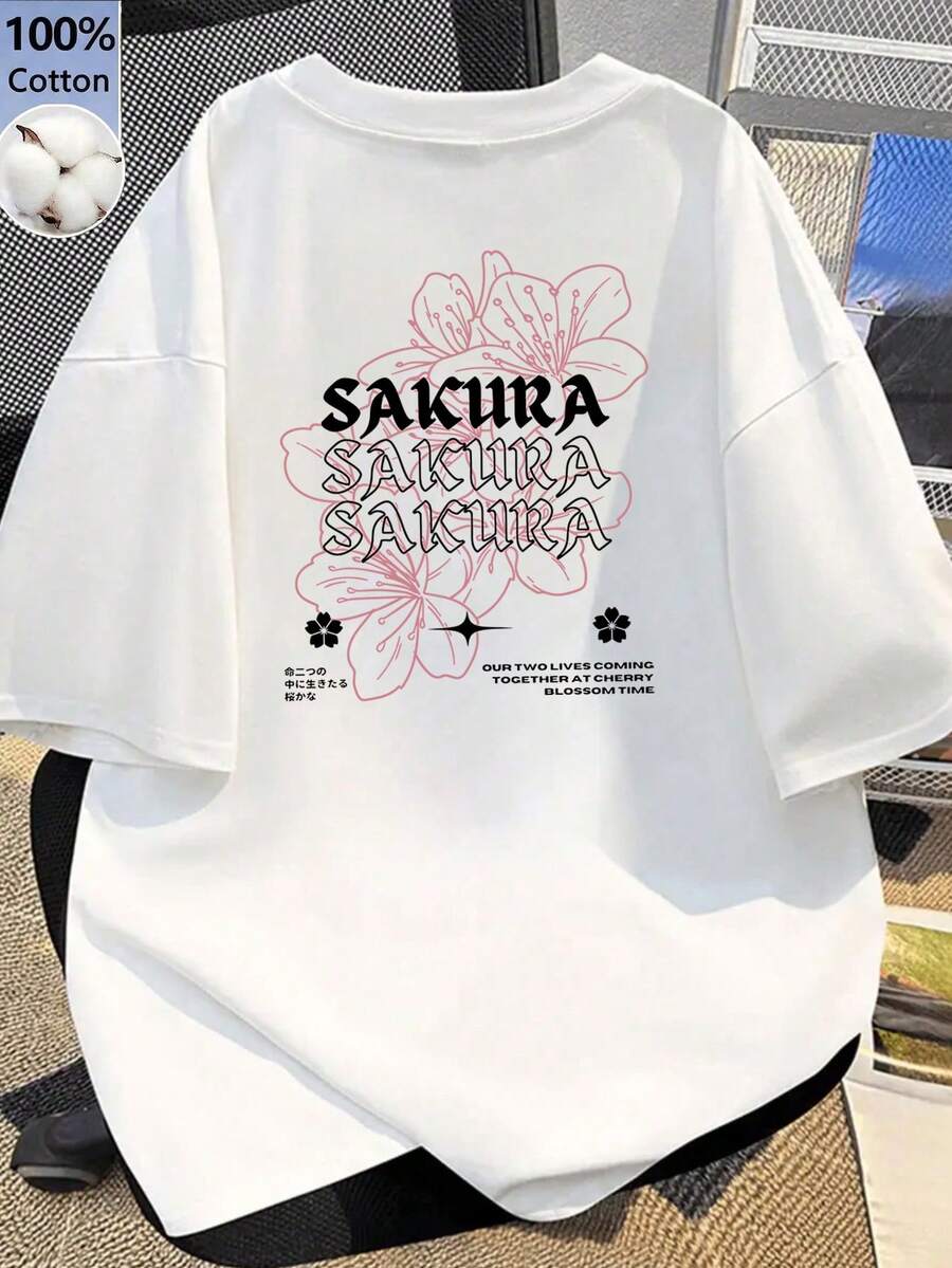 Camiseta de manga corta de cuello redondo casual para mujer con estampado de letras y flores de cerezo, blanco verano - Blanco - Ver 1