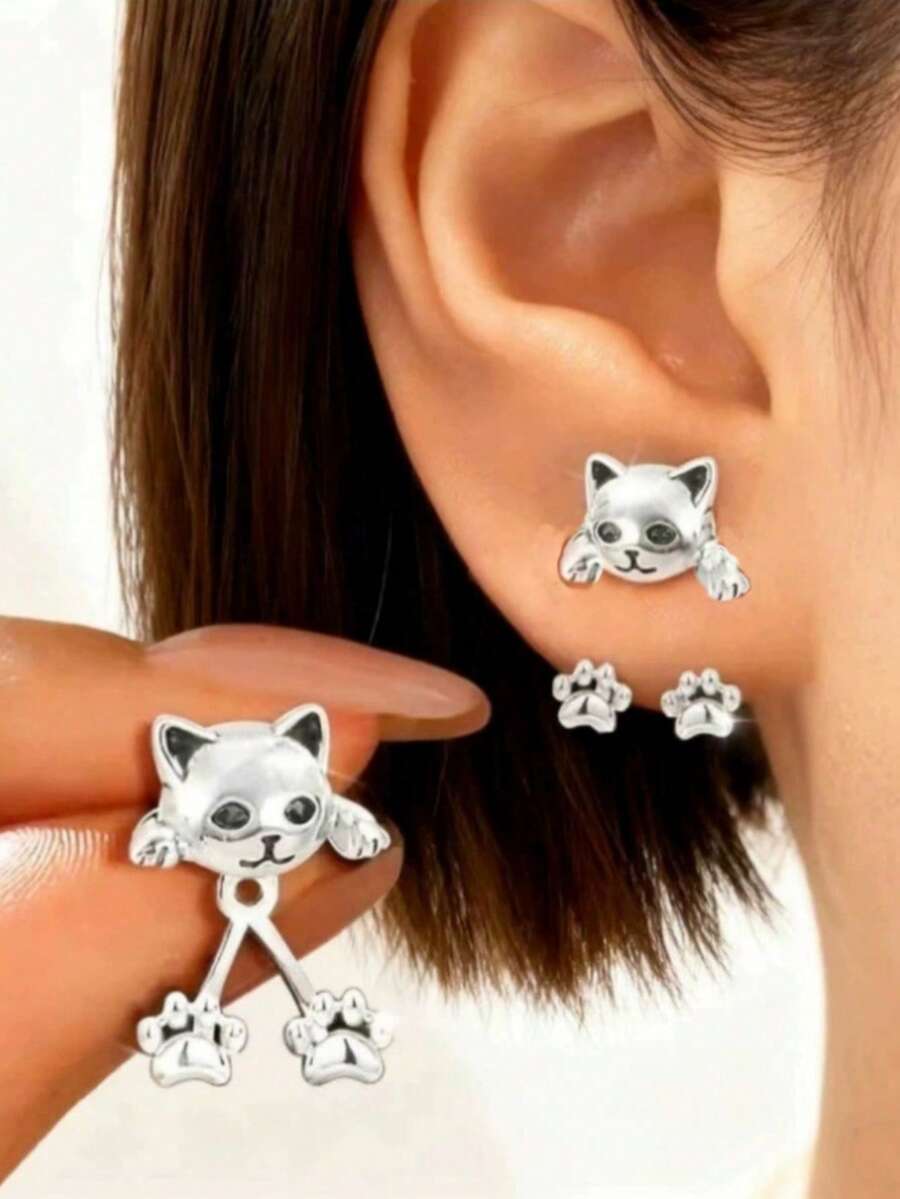 1 Pasang Anting-Anting Mini Desain Kucing Baru yang Bisa Dipakai Dua, Aksesori Lucu, Hadiah untuk Sahabat Terbaik - Anting-anting kucing - View 1
