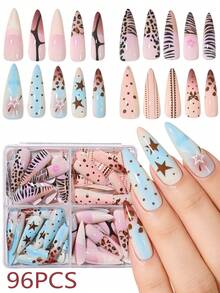 96Pcs Leopard Print Y2K Long Stilettos Gradient False Nails Star Print Ribbon Bow French Press On Nails Sweet Cool Full Cover Fake Nails - Multicolor - View 3