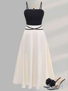 Women's Elegant Long Strap Dress, Solid Color Vacation Style, Suitable For Valentine's Day, Dates, Afternoon Tea, Casual Elegant Commute Dress Summer - Multicolor - View 3