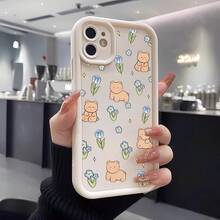 可爱卡通花朵小熊ins风软壳手机壳，哑光白摄像头边框，阶梯式全包防震保护套，国际版兼容三星Galaxy A/S/FE/Plus/Ultra、小米Note POCO X、Hot Play Spark Pop Smart、Reno、荣耀、Moto E G等安卓手机 - 黑色 - 查看 3