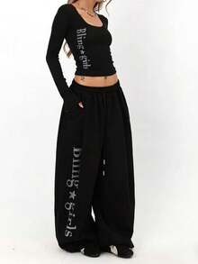 Quần ống rộng dáng suông đính đá, quần thể thao thường ngày. - màu đen - Xem 5