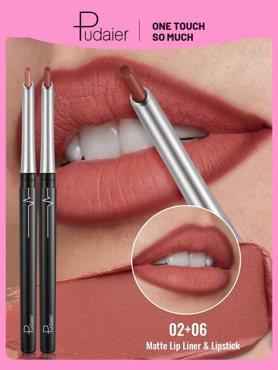 Pudaier Silky Matte Lip Liner And Lipstick 2-In-1 - Precise Lip Contouring And Luxurious Smooth Color Fill, Essential Makeup Tool For Women, Perfect Gift! - 02+06 - View 1
