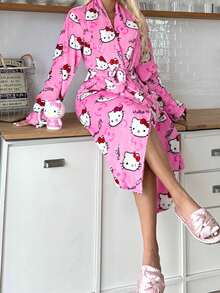 SANRIO 1pc Hello Kitty Women's Plush Robe, Cute & Elegant, Warm & Comfortable For Autumn/Winter - Hot Pink - View 6