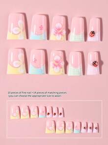 Bộ 24 miếng dán móng tay hình miệng vịt hồng dài kiểu Pháp, thiết kế hoa và bọ rùa 3D bằng gel, vừa vặn hoàn hảo với móng acrylic, bao gồm 1 miếng gel dẻo và 1 dũa móng, thích hợp cho phụ nữ và bé gái tự làm móng hàng ngày, dự tiệc, v.v. - Nhiều màu - Xem 5