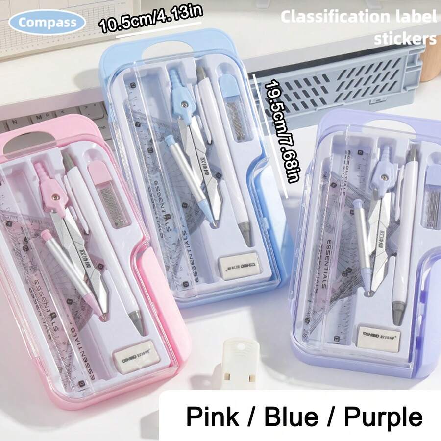 8pcs/Set Minimalist Transparent Compass & Ruler Set, Precise Drawing Tools Designed For Students, Suitable For School Math & Geometry Homework - Sets - View 1