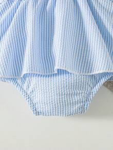 夏季女婴可爱蓝色蝴蝶结吊带连体衣和蕾丝遮阳帽 - 淺藍色 - 查看 9