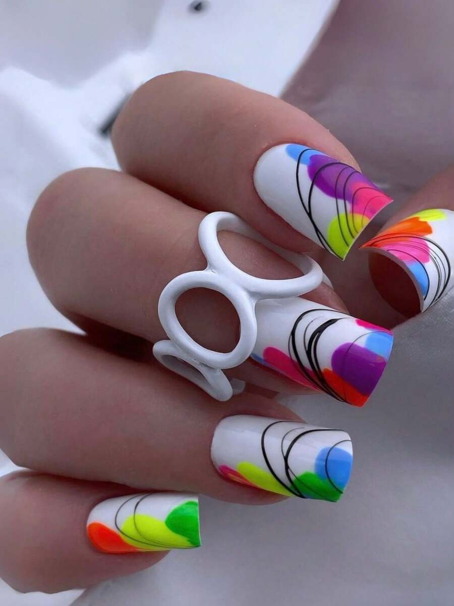 24 piezas Pegatinas de uñas con patrón de color de contraste abstracto; Pegatinas de uñas artificiales multicolor de alta saturación Estilo Y2K Uñas cuadradas para primavera - Multicolor - Ver 1