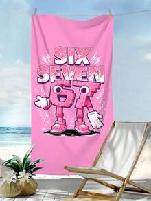 1条“SIX SEVEN”时尚沙滩巾，卡通“67”印花，超柔软速干吸水大号沙滩巾、浴巾、泳巾，适用于海滩、游泳、健身、瑜伽、露营等场合，柔软舒适的超细纤维毛巾，轻便易携，防风防晒，夏季旅行、浴室用品、海滩装饰，必备海滩度假礼物（单面印花） - 粉紅色67 - 查看 3