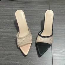 女士时尚休闲日常百搭水钻网眼高跟尖头凉鞋 - 粉色 - 查看 2