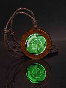 1 mặt dây chuyền hình cỏ bốn lá phát sáng trong bóng tối, màu xanh lá cây, làm bằng thủy tinh hoặc gỗ, kèm dây chuyền dạng dây thừng. - màu nâu - Xem 7