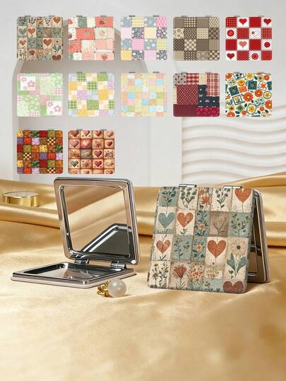 1个Y2K格子图案折叠化妆镜，轻巧便携，PU皮革材质，适用于多种场合，有格子、花卉、草莓、爱心、蝴蝶结印花图案可选，可折叠设计，经久耐用。