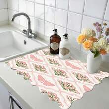Luckybutterfly 1pc Pink Peony Pattern Multipurpose Absorbent Mat, Polyester Waterproof Countertop Protector Pad For Kitchen, Dining Table, Washing Machine, Bathroom Vanity, Kitchen Accessories, Party Supplies - Butterfly Flower Cluster Picture - View 13