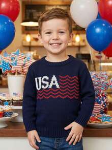 Baby Girl Boy 4th Of July Outfit Kids Sweater, Long Sleeve Crew Neck Letters Warm Winter Sweater Clothing For Girls Boys - 藍色 - 查看 2