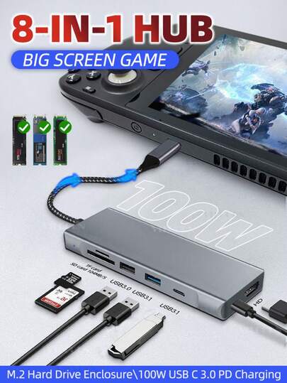8合1 USB-C 集线器，带 M.2 NVMe SSD 硬盘盒（最大支持 8TB），10Gbps 数据传输，100W PD 充电，4K 高清，SD/TF 读卡器，适用于笔记本电脑/手机/平板电脑的便携式扩展坞