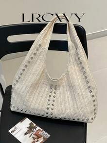 Women's Shoulder Bag Tote Bag Crescent Bag, Fashionable Straw Bag With Rivets Inlaid, Stylish Personalized Large Capacity Beige Bag - Beige - View 1