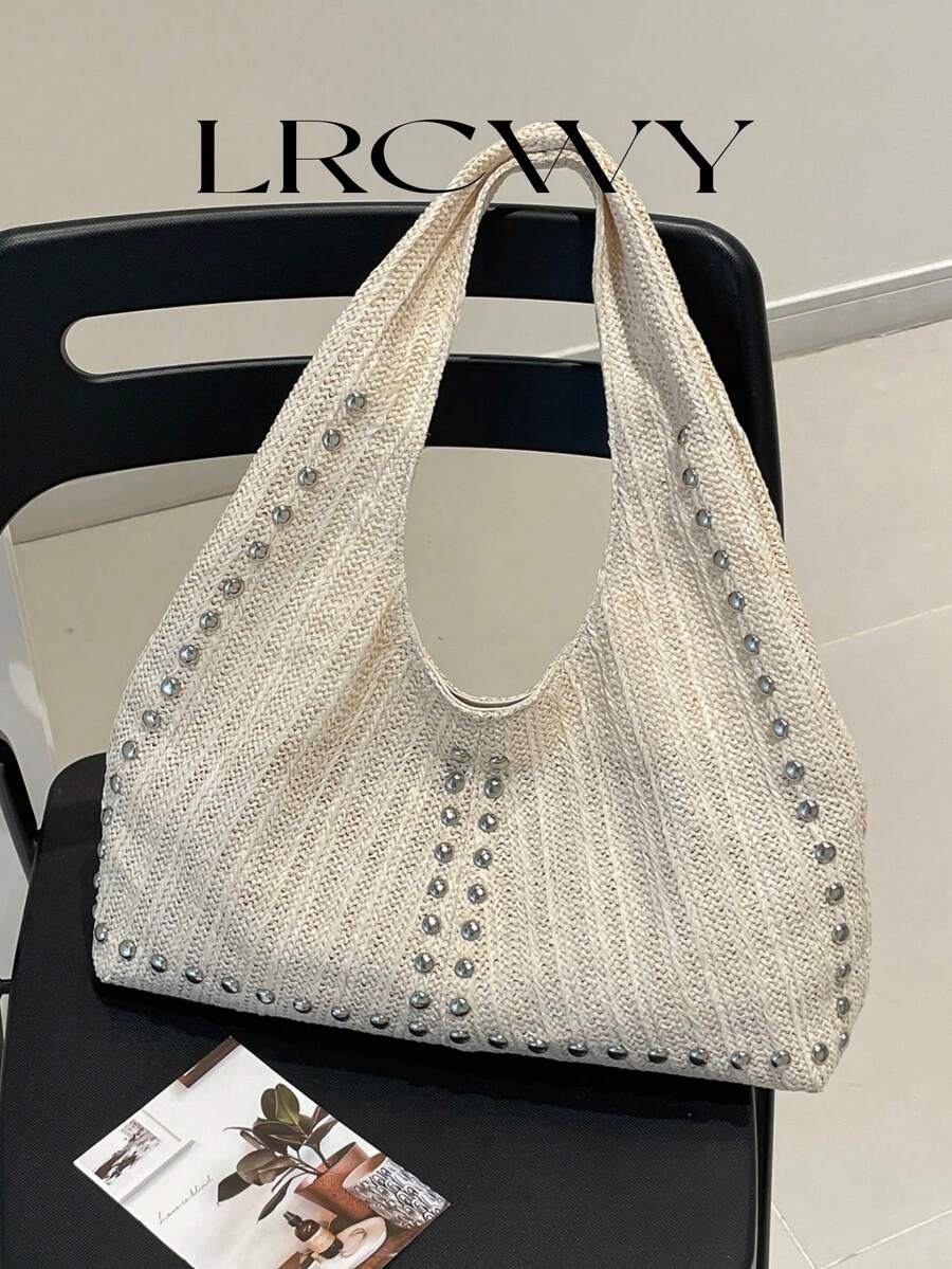 Women's Shoulder Bag Tote Bag Crescent Bag, Fashionable Straw Bag With Rivets Inlaid, Stylish Personalized Large Capacity Beige Bag - Beige - View 1
