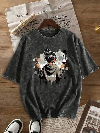 Áo thun ngắn tay màu đen bạc màu kiểu vintage dành cho nữ cỡ lớn, in họa tiết, dáng rộng, ôm sát, thích hợp mặc mùa hè.