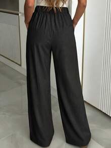 女士休闲阔腿裤，宽松时尚纯色，独特腰带设计，适合办公室和日常穿着，黑色 - 黑色 - 查看 9