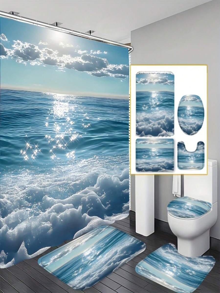 1/4 Packs Of UAXIEP Fresh Wave Bath Curtain. Fresh And Soothing, Simple And Elegant, Waterproof And Easy To Maintain. Includes A Waterproof Divider Multi-Functional Bath Curtain, 12 Hooks, A Non-Slip Bathroom Mat, U-Shaped Toilet Mat, Toilet Lid Mat, Bathroom Decorations, And Bathroom Dividers. Essential For Home Use. The Store Offers Various Styles To Choose From.