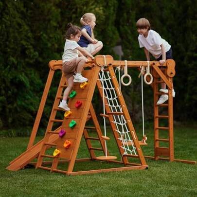 8-In-1 Small Indoor/Outdoor Playset Foldable Wooden Play Set For Backyard Kid Playground For Toddlers Age 26 With Slide Monkey Bars 2 Ladders 2 Swings Rock Climbing Gym Rings