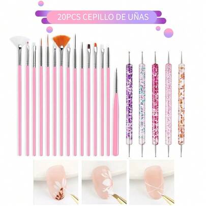 20件套美甲套装，包括美甲刷、甲片刷、指甲油、凝胶护理剂、彩绘工具