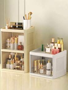 Multi-Functional Foldable Storage Box, Assembled Desktop Dual-Door Cosmetic Organizer Box, Large Capacity Waterproof Dustproof Plastic Storage Container, Suitable For Desktop, Bedroom, Bathroom, Jewelry, Cosmetics, Home Decor, Bathroom Decor - Multicolor - View 4