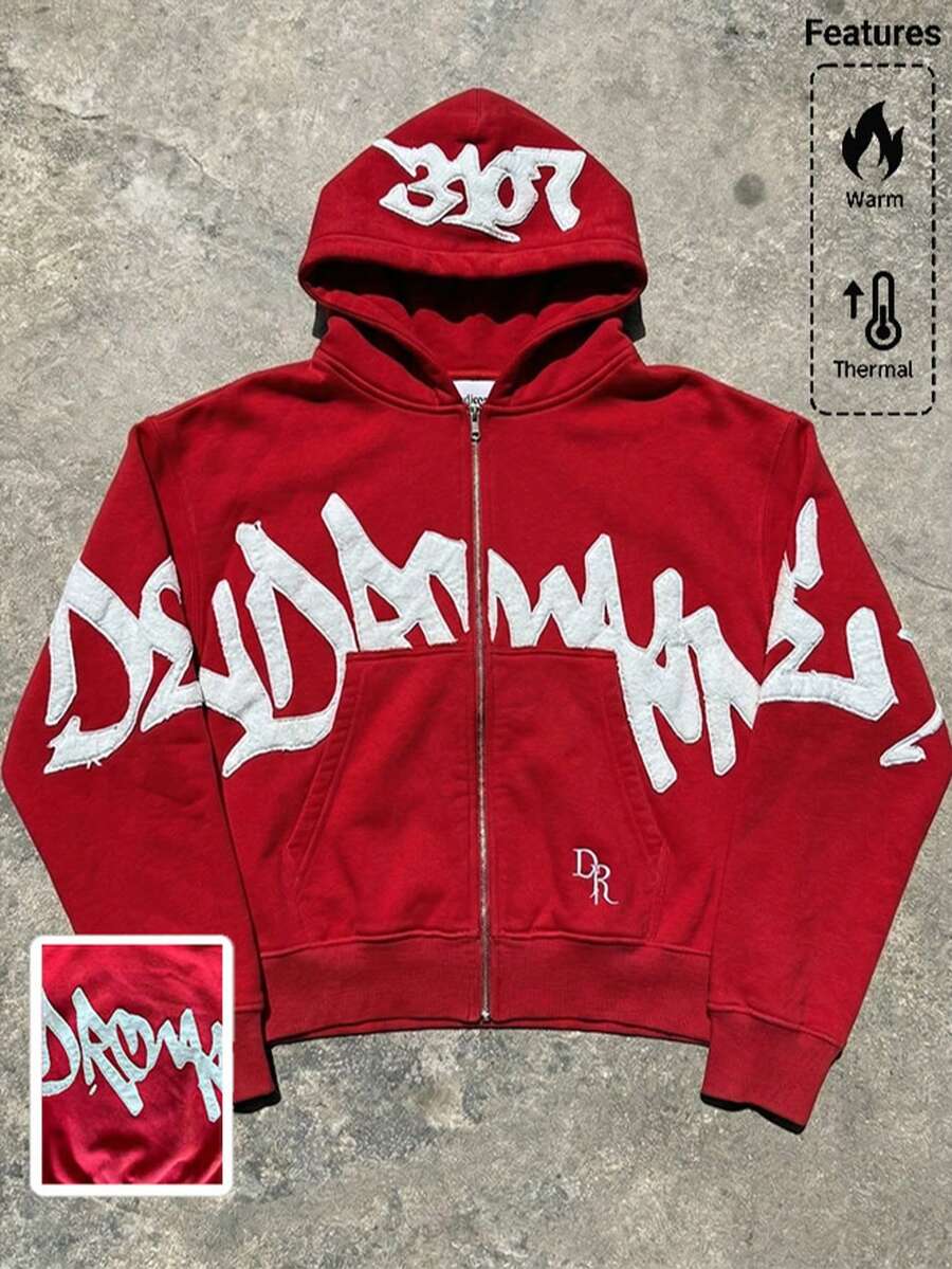 Oversized Hoodie Men Streetwear Hoodies Y2K Graphic Vintage Sweatshirt Grunge Rapper Designer Hooded Sweatshirts Tops - 紅色 - 查看 1