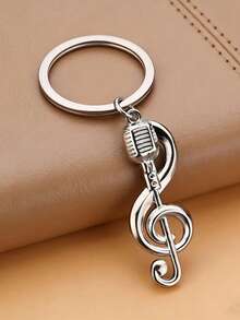 1pc Creative Microphone Shaped Keychain, Fashionable Music Note Pendant Metal Music Symbol Keyring, Interesting Gift For Friends - Silver - View 10