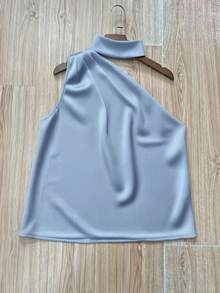 1 pieza Blusa elegante sin mangas de satén de unicolor con volantes asimétricos/asimétricos, adecuada para verano, vacaciones, oficina, hogar, uso diario, fiesta de cumpleaños, eventos forma - Celeste - Ver 4